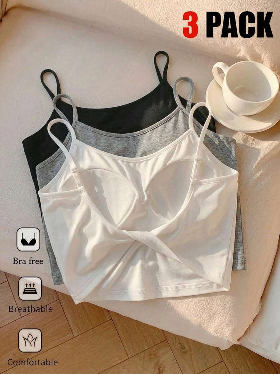 Comfortcana Bộ 3 áo hai dây không đường may hở lưng dành cho nữ, không cần mặc áo ngực, trang phục thường ngày thoải mái. - Nhiều màu - Xem 1