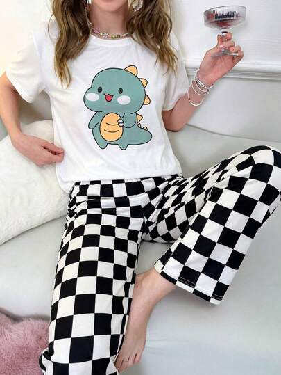 Conjunto de pijama de pantalón y blusa de manga corta con estampado de dragon para mujer