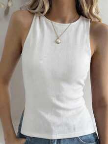 DAZY Women's Solid Color Round Neck Side Slit Hem Casual Tank Top Summer - White - View 2