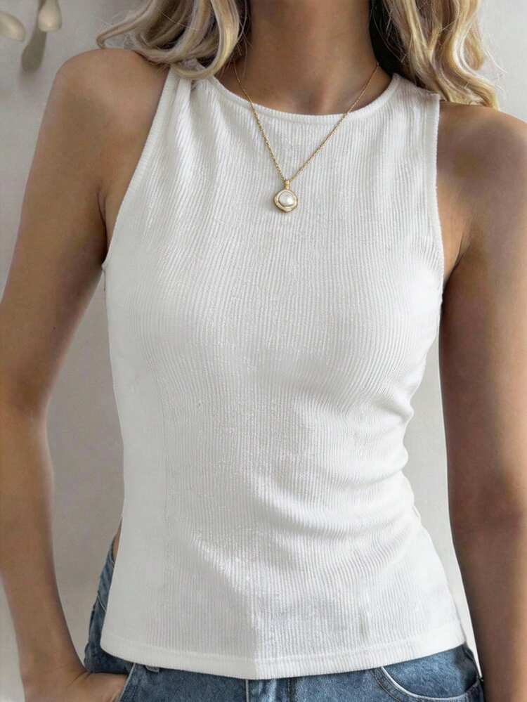 Women's Solid Color Round Neck Side Slit Hem Casual Tank Top