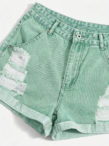 SHEIN EZwear Quần short denim nữ dáng rộng, thoải mái, rách rưới, có túi. - màu xanh lá - Xem 4