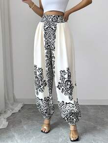 Elenzga Elegant Printed Pattern Loose Fit Drawstring Waist Women Pants - Black and White - View 4
