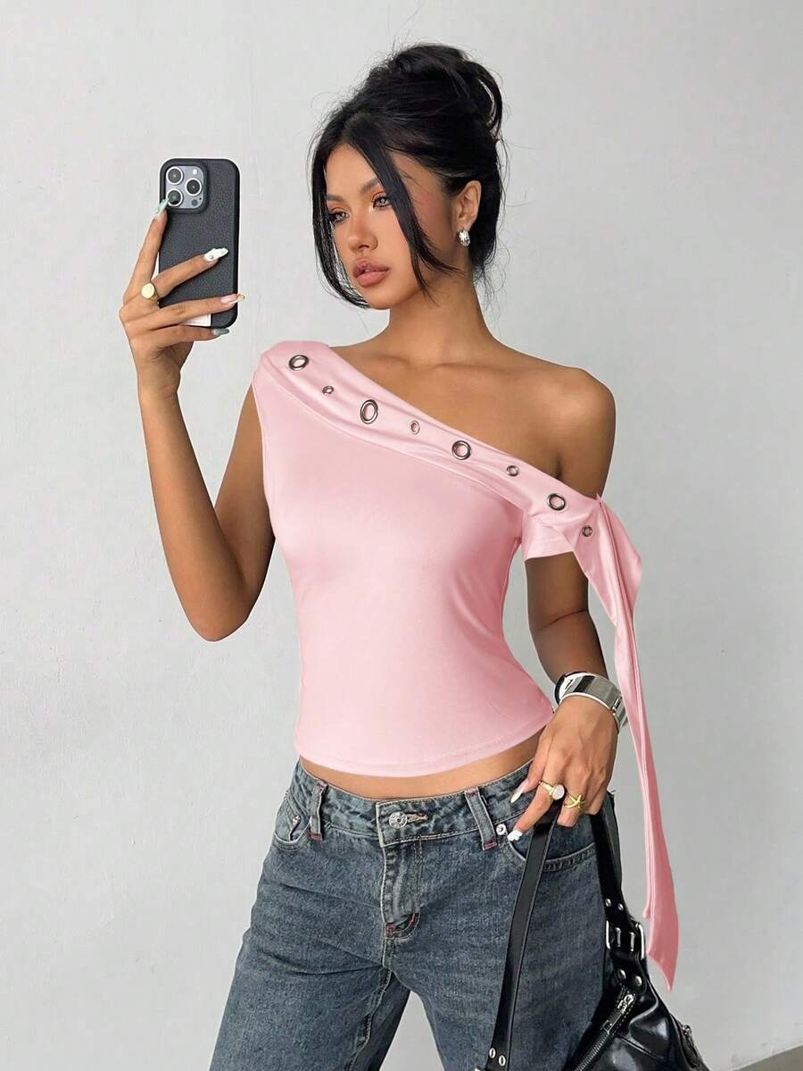 Aloruh Black Chicken Eye Decor Asymmetric Shoulder Sleeveless Solid Color Knit T-Shirt - Baby Pink - View 1