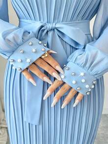Modelyn Purple Long Sleeve Stand Collar Pearl Pleated Textured Fabric Midi Dress For Women - Blue - View 3