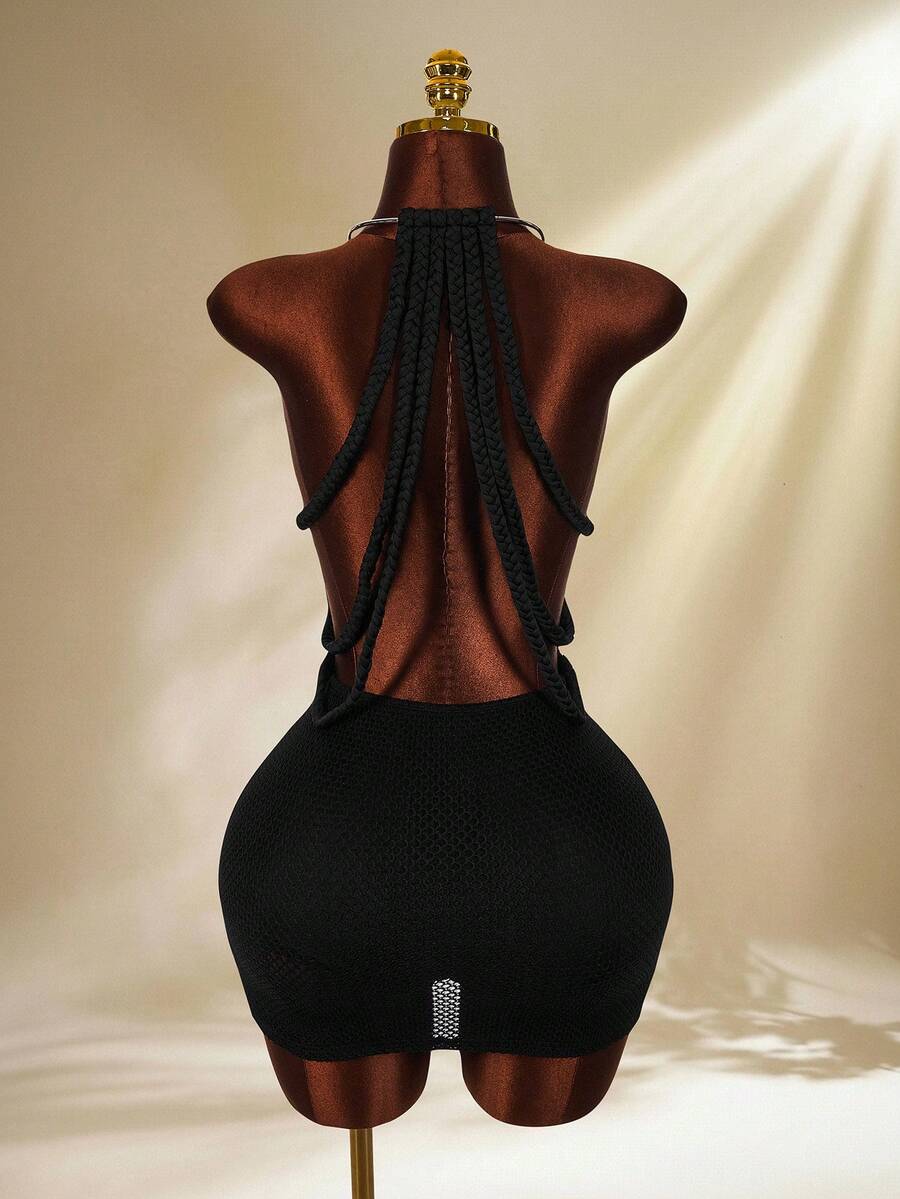 Amplova Đầm ngắn hở lưng họa tiết da rắn mới năm 2026, thiết kế gợi cảm dành cho phụ nữ. - màu đen - Xem 1