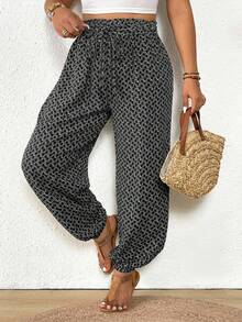 SHEIN Frenchy Quần ống rộng cỡ lớn in họa tiết toàn thân, kiểu dáng thường ngày, thắt nút, thích hợp cho kỳ nghỉ. - màu đen - Xem 7