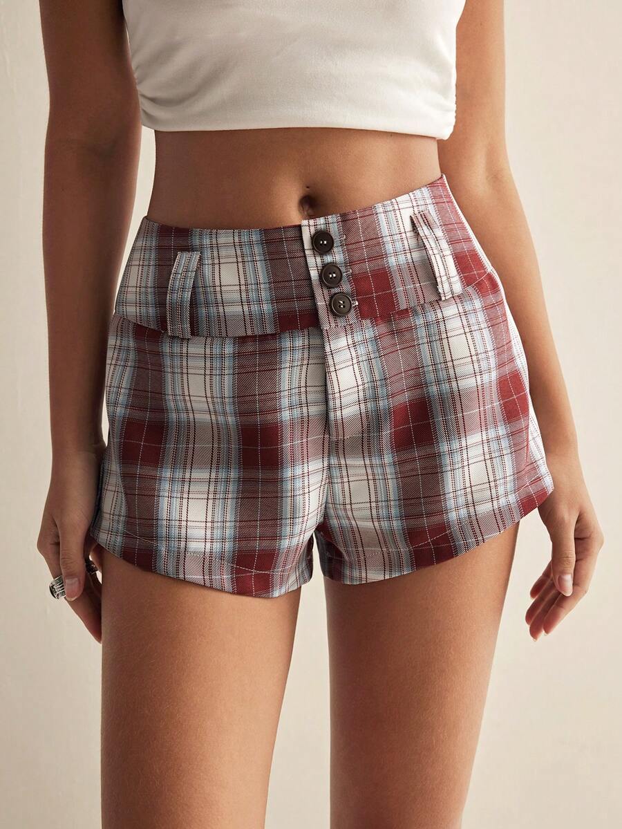 Easelle Quần short nữ kẻ caro kiểu retro thường ngày, cạp thấp, bản rộng. - Nhiều màu - Xem 1