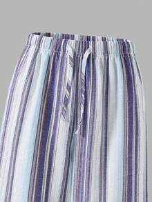 SHEIN Tween Girls' Versatile Loose Fit Striped Wide Leg Pants, Matching Sister & Mom, Suitable For Daily, Casual, Vacation, Beach, Party - Blue - View 3