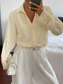 Livesso New Cream Yellow Loose Casual Ladies Summer Blouse Long Sleeve Top Vacation - Apricot - View 2