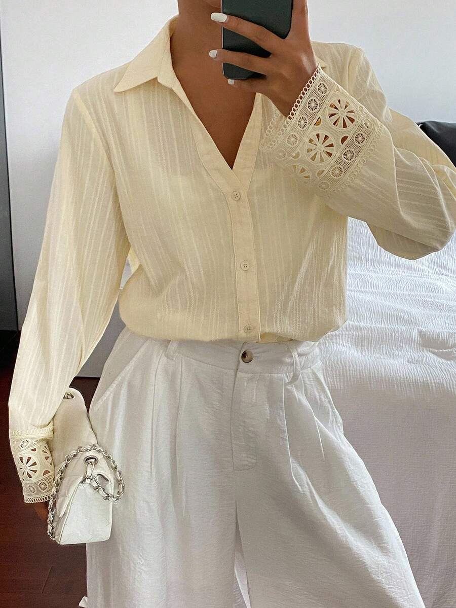 Livesso New Cream Yellow Loose Casual Ladies Summer Blouse Long Sleeve Top Vacation - Apricot - View 1