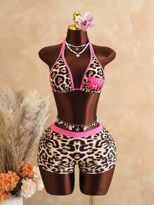 Swim Vcay Leoparden-Muster Sport Bikini Set, geeignet für Frühling/Sommer Strand Leoparden-Muster Bademode Bikini Shorts Neckholder Bikini Top Coachella - Verschiedenfarbig - Übersicht 3