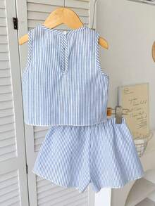 Bộ 2 áo hai dây kẻ sọc xanh dương cho bé gái mùa hè, trang phục thường ngày dễ thương, ngọt ngào cho kỳ nghỉ, bãi biển, cắm trại, hoặc mặc cùng gia đình/chị em gái. - Màu xanh lam - Xem 2