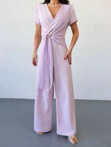 Rafferiza 女士纯色金属装饰休闲日常连体裤 - 淡紫色 - 查看 4