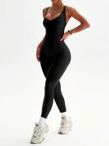 Slayform 女式纯色后背交叉镂空V领紧身运动连体裤 全身紧身运动连体裤 健身房女装 - 黑色 - 查看 4
