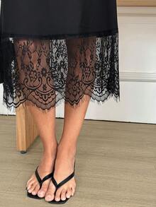 Easowa Women's Pastal Satin A-Line Skirt With Delicate Lace Hem, Elegant Sexy Classy Girlisim French Summer Outfits For Date Night Office Golf Black - Black - View 5