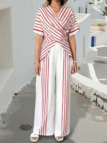 SHEIN Holidaya Women's Elegant Casual Vacation Striped 2 Pieces Set - Red - View 4