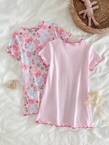 Cozy Pixies 2件套女婴碎花针织柔软圆领短袖荷叶边连衣裙套装 - 彩色 - 查看 5