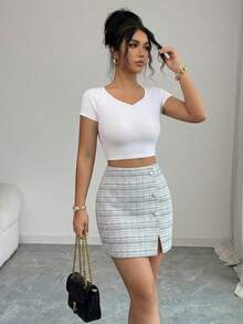 Elenzga Váy ngắn nữ thanh lịch màu đen trắng, chất liệu vải tweed, đính ngọc trai, cài cúc phía trước, xẻ tà, thích hợp cho các buổi tụ họp thường ngày, mua sắm, du lịch mùa xuân & hè. - Đen và trắng - Xem 5