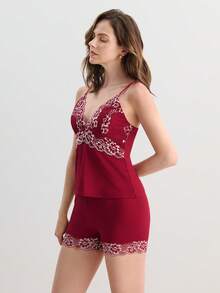 Hourtrue Floral Embroidery Cami Top & Shorts PJ Set / Pajama Set - Burgundy - View 4
