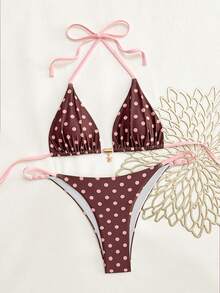 Swim Mod 2pcs/Set Women Summer Beach VacationRetro Sweet Pink Polka Dot Print Bikini Swimsuit Set,Starfish-Decorated Halter Neck Strap Triangle Cup And Triangle Swim Trunks, Bikini Top - Multicolor - View 2