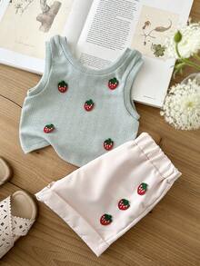 SHEIN Vintaside Kids 2件套女婴夏秋季休闲风无袖草莓装饰上衣和短裤 - 綠色 - 查看 4