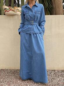 DAZY Bộ áo và chân váy denim cổ bẻ thường ngày dành cho nữ. - Màu xanh lam - Xem 1