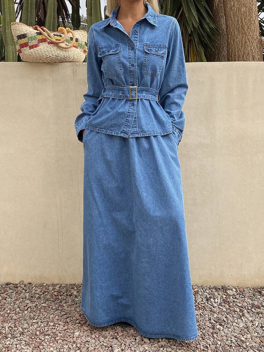 DAZY Bộ áo và chân váy denim cổ bẻ thường ngày dành cho nữ. - Màu xanh lam - Xem 1