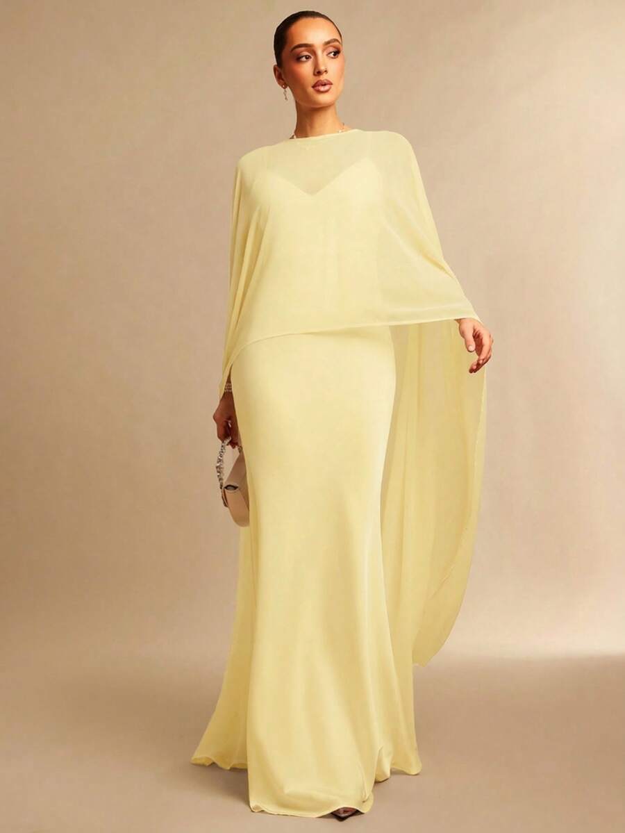 雪纺披肩和缎面优雅连衣裙 - 淡黃色 - 查看 1