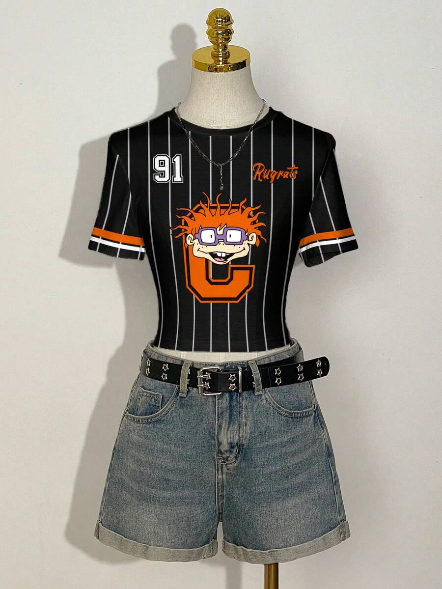 Nick 90s | SHEIN Áo thun ngắn tay ôm dáng in hình nhân vật hoạt hình và sọc dành cho nữ - trắng - Xem 1