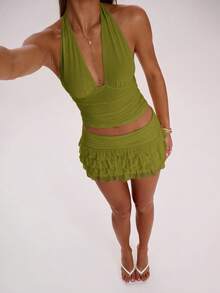 SHEIN BAE Women's Solid Color Deep V Neck Pleated Cropped Halter Camisole,Summer Top - Olive Green - View 5