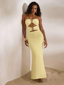 Opulessa Solid Color Knit Fitted Strapless Hollow Out Fishtail Dress For Women, Spring/Summer Vacation,Summer Dresses For Women - Light Yellow - View 5