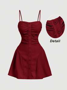 Skyraze Women's Solid Color Pleated Fashionable Spaghetti Strap Mini Dress,Summer Dresses For Women - Red - View 2