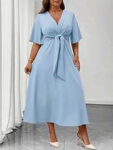 Elenzga Plus Size Women's Elegant Daily Wear V-Neck Ruffle Short Sleeve Tie-Waist A-Line Maxi Dress - Blue - View 4