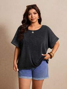 Elaquor Camiseta holgada de cuello redondo con bloques de color en estilo retro, talla grande, para verano - Negro - Ver 7
