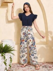 2pcs/Set Kemeja Lengan Pendek Kasual untuk Remaja Perempuan + Celana Motif Bunga, Cocok untuk Pantai & Santai - Royal Blue - View 6