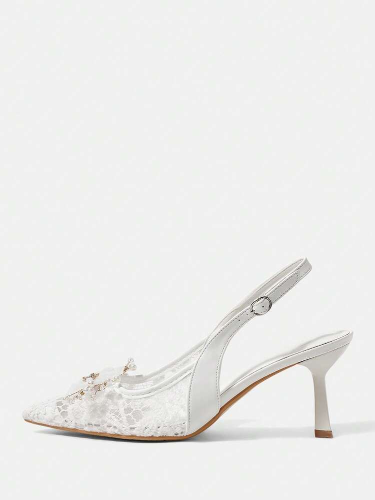 CUCCOO HITCHD Women Shoes Spring And Summer New Women's High-Heeled Shoes Fairy Flower Pearl Rhinestone Pointed Thin Heel Slingback Buckle 7.5cm Sexy Lace Satin Solid Color Bridal Wedding Shoes Dating Valentine's Day