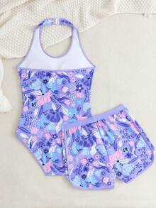 SHEIN 少女可爱紫色、白色波点、粉色花卉印花针织面料可调节领口连体泳衣和短裤，适合夏季海滩度假 - 紫色 - 查看 2