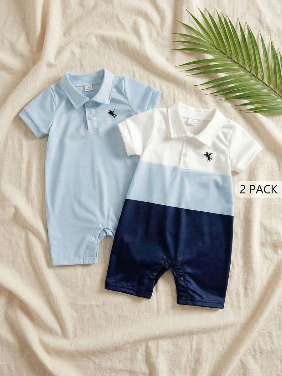 SHEIN 男婴骑士印花 Polo 领短袖休闲连体衣 - 彩色 - 查看 1