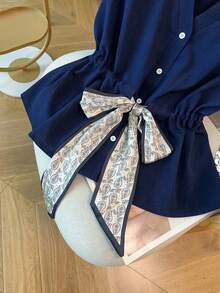 GlowEve CURVE Navy Blue Woven Fabric V Neck Tank Top Plus Size Casual Flared Hem Drawstring Colorblock Regular Length - Navy Blue - View 4