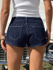 SHEIN EZwear 女士蓝色条纹低腰牛仔短裤，夏季 - 深色水洗藍 - 查看 2