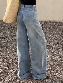 Livesso 女士休闲时尚街头风日常通勤宽松阔腿牛仔裤 - 藍色 - 查看 2