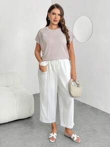 Enliva Plus Size Color Block Contrast Lace Short Sleeve T-Shirt, Suitable For Beach Vacation In Summer Boho Vacation, For Apple And Rounded Body Shape - Khaki - View 4