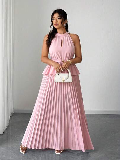 Elenzga Bộ đồ 2 mảnh thanh lịch, lãng mạn dành cho nữ cỡ lớn, gồm áo cổ yếm và chân váy xếp ly, thích hợp cho mùa xuân/hè.