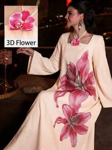 Al Najma Đầm maxi Thổ Nhĩ Kỳ dài tay cổ yếm màu vàng in họa tiết hoa 3D thanh lịch lãng mạn dành cho nữ mùa xuân/hè và áo abaya truyền thống Ả Rập. - Hồng - Xem 1