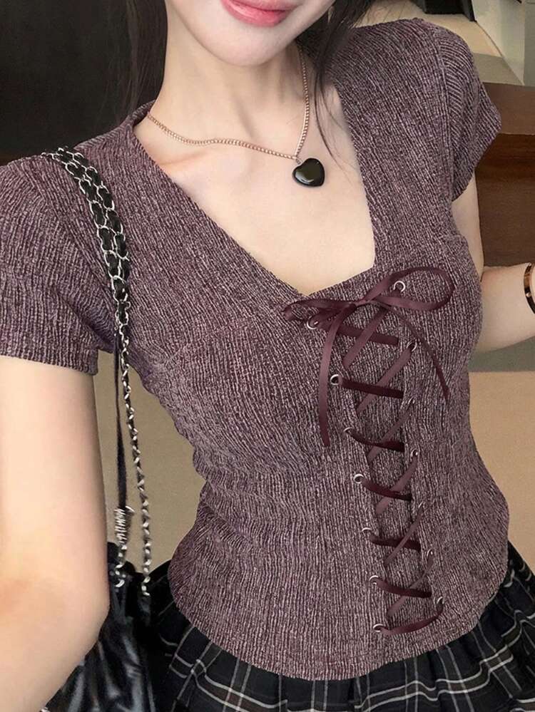 Spring & Summer Purple & Red Contrast Color Front Tie Design Splice Elegant Butterfly Decor Square Neck Fitted Short Sleeve T-Shirt, Suitable For Valentine's Day, Wedding, Party