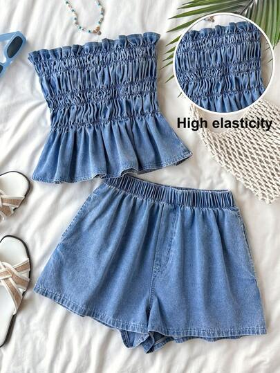 Soleia Conjunto de top bandeau y shorts de mezclilla casual de vacaciones para mujer