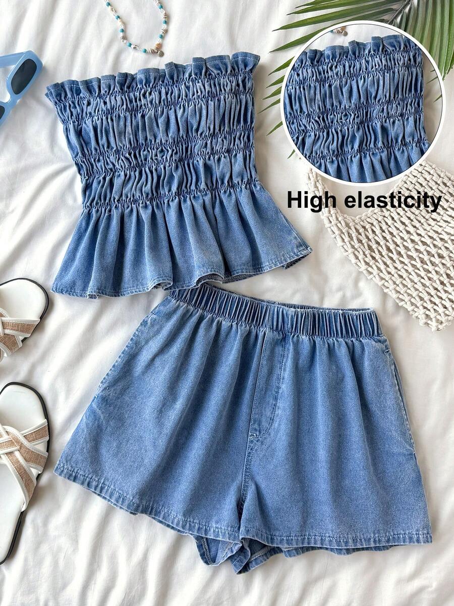 Soleia 女士度假休闲牛仔抹胸上衣和短裤套装 - 淺色水洗藍 - 查看 1