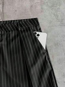 AXEPEAK Quần ống rộng xếp ly kẻ sọc thiết kế khóa thắt lưng dành cho nam - màu đen - Xem 6