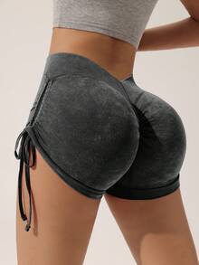 无缝高弹提臀水洗运动短裤，侧边抽绳 - 彩色 - 查看 5