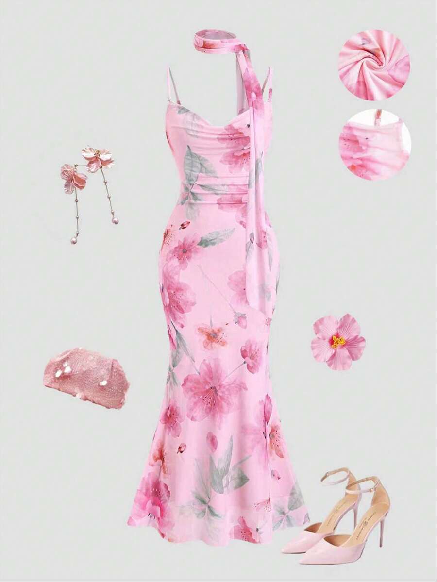 Sweetra Vestido largo de mujer con diseño de tirantes finos, estilo francés dulce, con estampado floral de malla, cuello en pico y dobladillo acampanado, perfecto para vacaciones de verano - Rosa - Ver 1